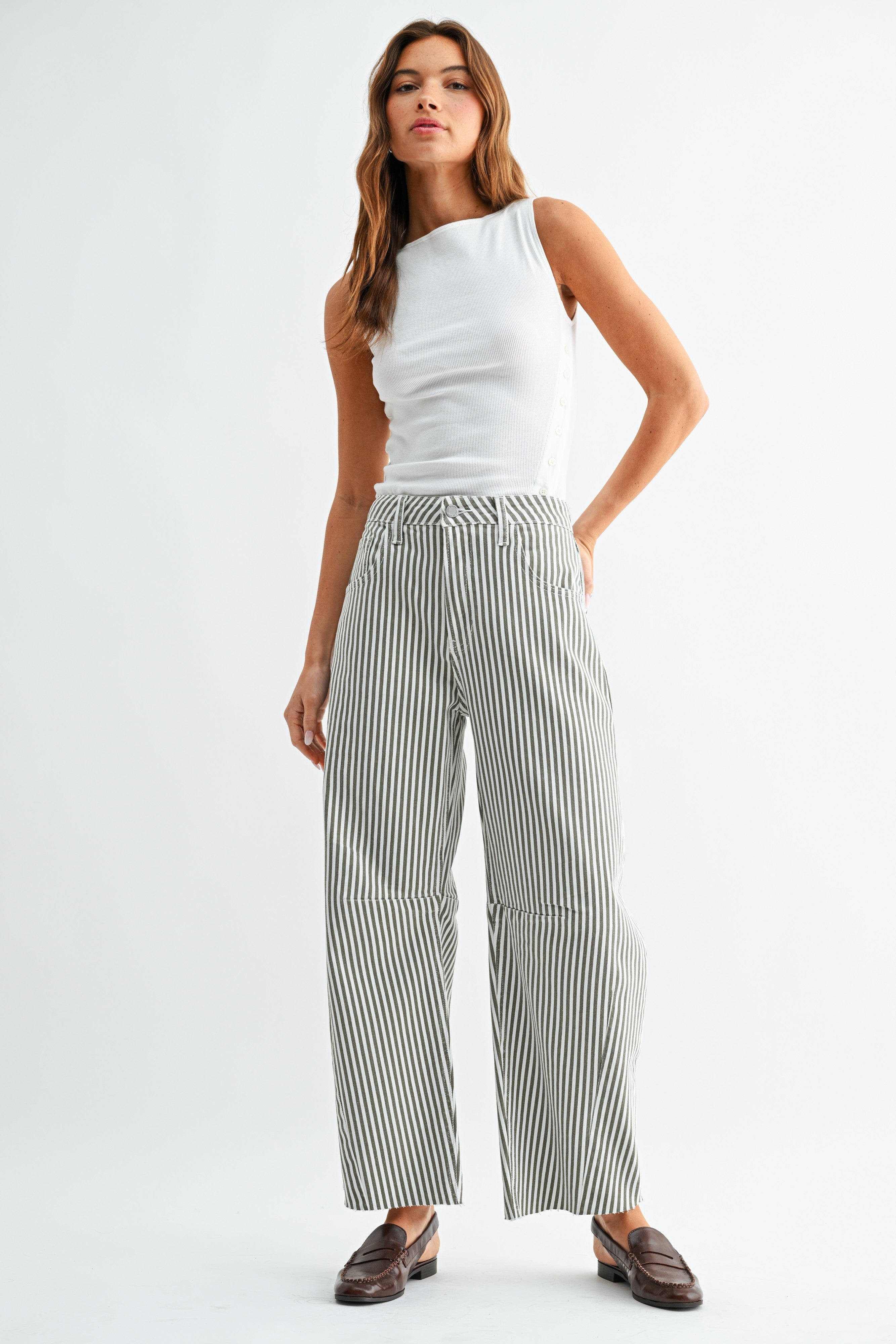 Seam Detail Stripe Barrel Jeans Olive Stripe