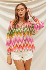 Watermelon Sugar Smocked Neckline Flowy Blouse Sunset Cosmo