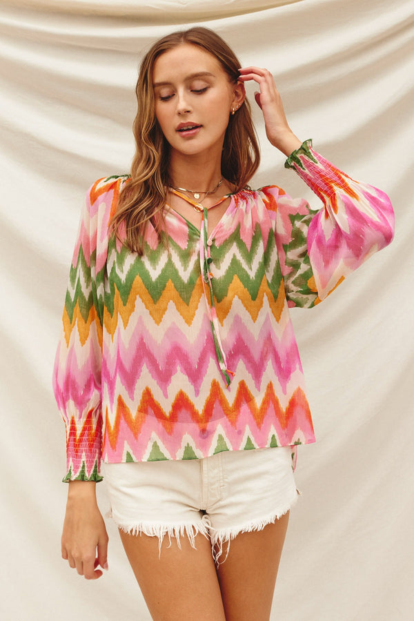 Watermelon Sugar Smocked Neckline Flowy Blouse