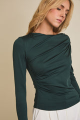Draped Asymmetric Neckline Long Sleeve Top Dark Green