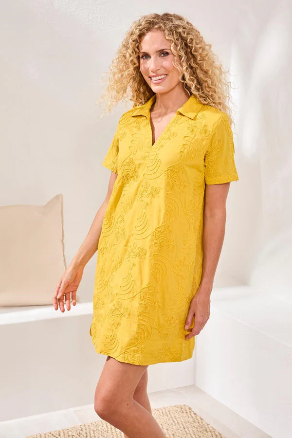 Textured Detail Vneck Tunic Shirt Dress Lemon