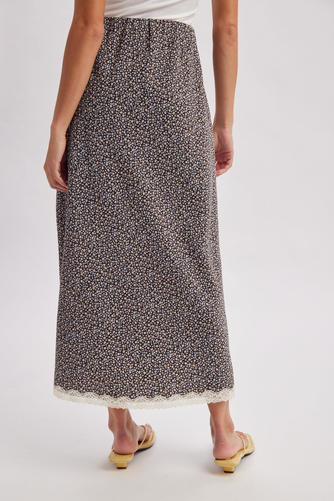 Lace Trim Ditsy Floral Midi Skirt Espresso + Blue