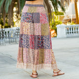 Tiered Western Mix Patched Maxi Skirt Latte