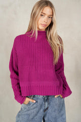 Semi Crop Rolled Mock Neck Sweater Magenta
