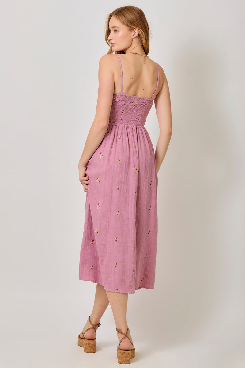 Embroidered Gauze Smocked Dress Rose