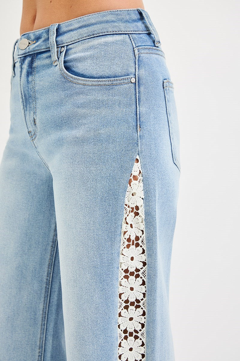 High Rise Crop Wide Flower Lace Jeans Light
