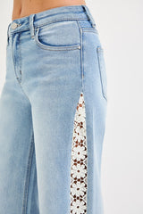 High Rise Crop Wide Flower Lace Jeans Light