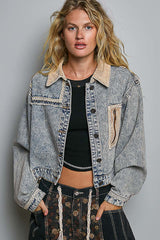 Corduroy Collar Lace Trim Denim Jacket Denim