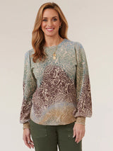 Paisley Print Puff Sleeve Sweater Vintage Walnut