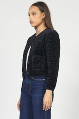 Snap Button Collarless Quilted Jacket Black Velvet