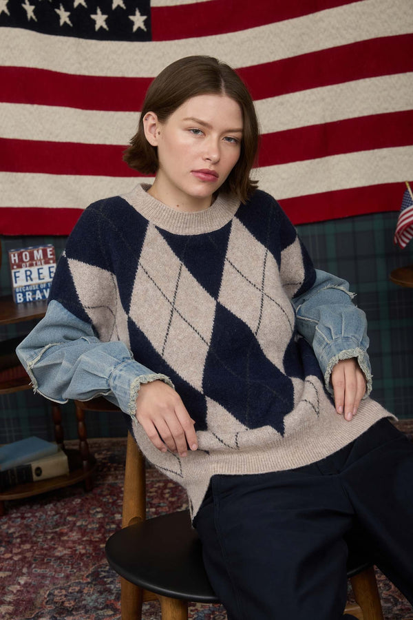 Argyle Distressed Denim Sleeve Knit Sweater Navy Multi