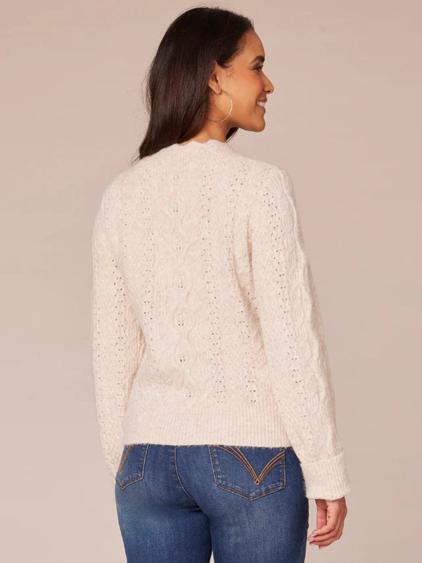 Scallop Edge Round Neck Pointelle Sweater Heather Oatmeal