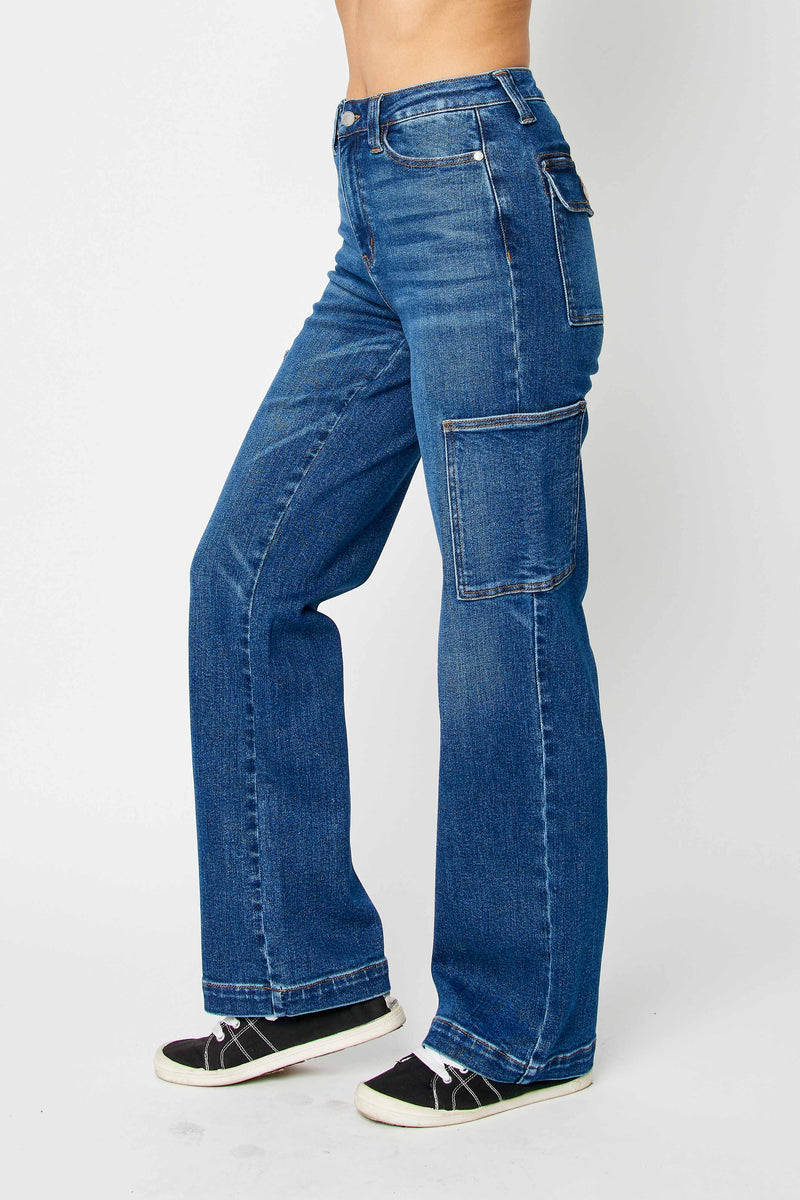 High Waist Cargo Side Pocket Wide Leg Jeans Dark