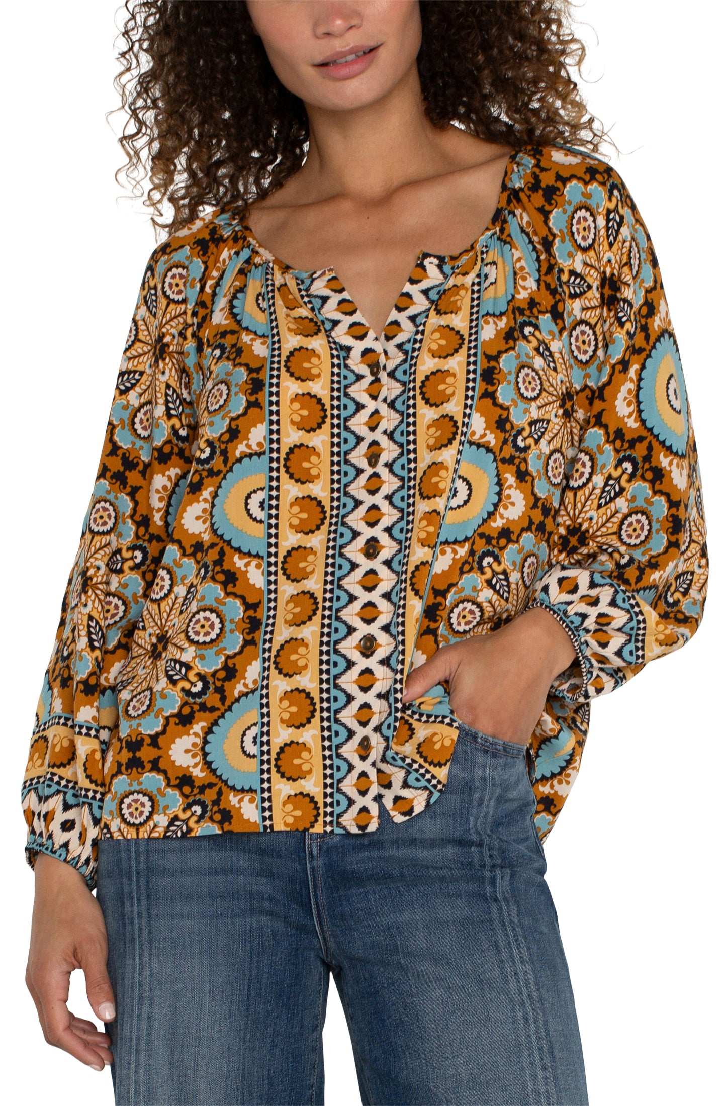 Bishop Sleeve Button Front Woven Printed Blouse Ocean Jasper Multi