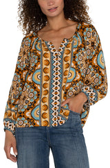 Bishop Sleeve Button Front Woven Printed Blouse Ocean Jasper Multi