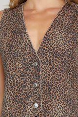 Leopard Print Washed Twill Vest Brown