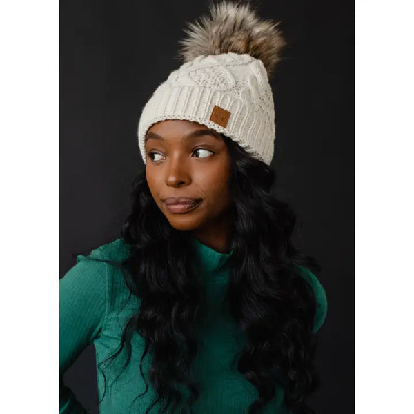 Cable Knit Natural Pom Hat Beige