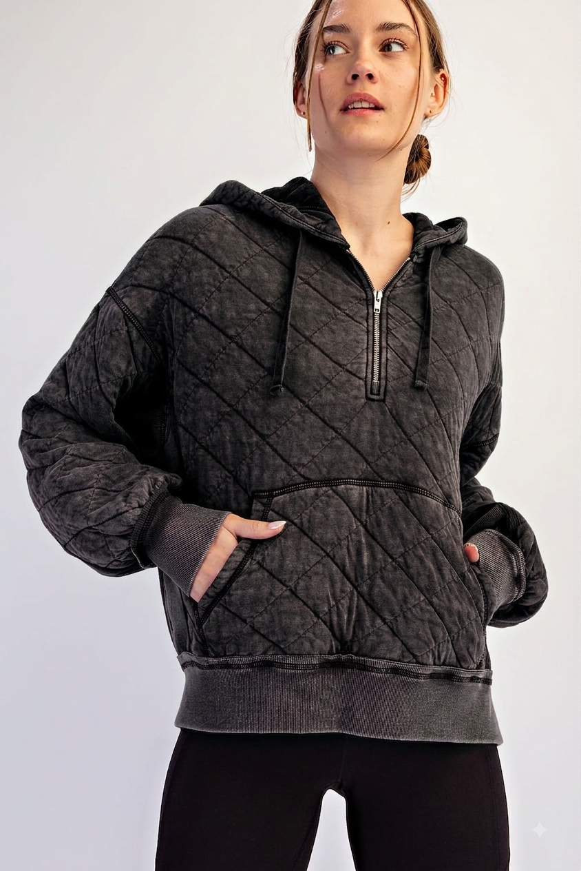 Quilted Puff Full Zip Hoodie Black