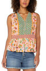 Mixed Print Smocked Waist Tank Pink Green Multi Floral