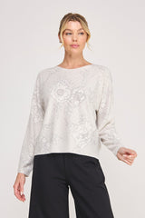 Diamond Pointelle Floral Print Sweater Sandshell