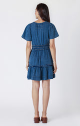 Tiered Denim Flutter Mini Dress Medium Indigo