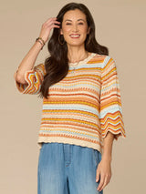 3/4 Bell Sleeve Multi Color Crochet Stripe Sweater Honey + Airy Blue Multi