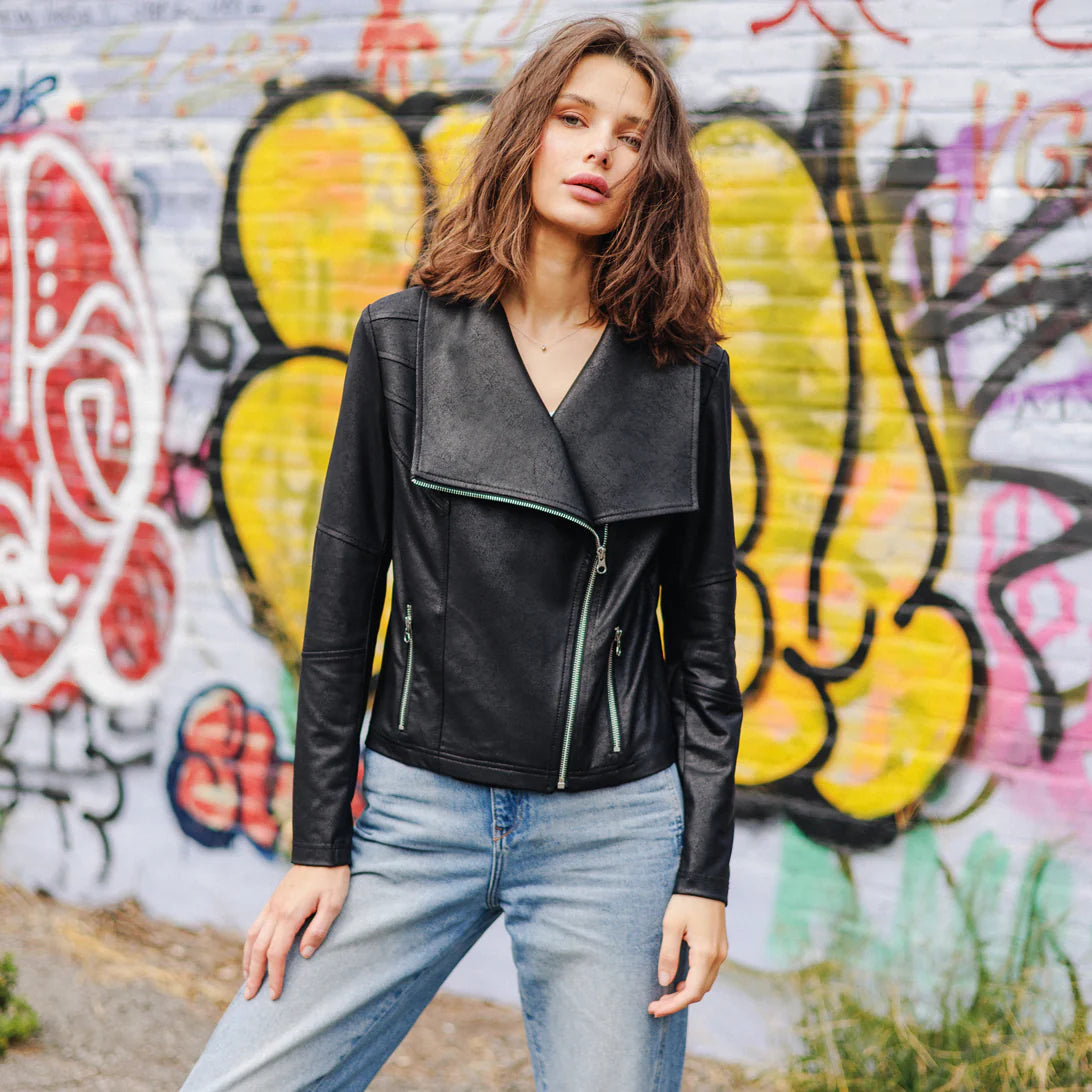 Cowl Neck Liquid Leather Moto Jacket Black