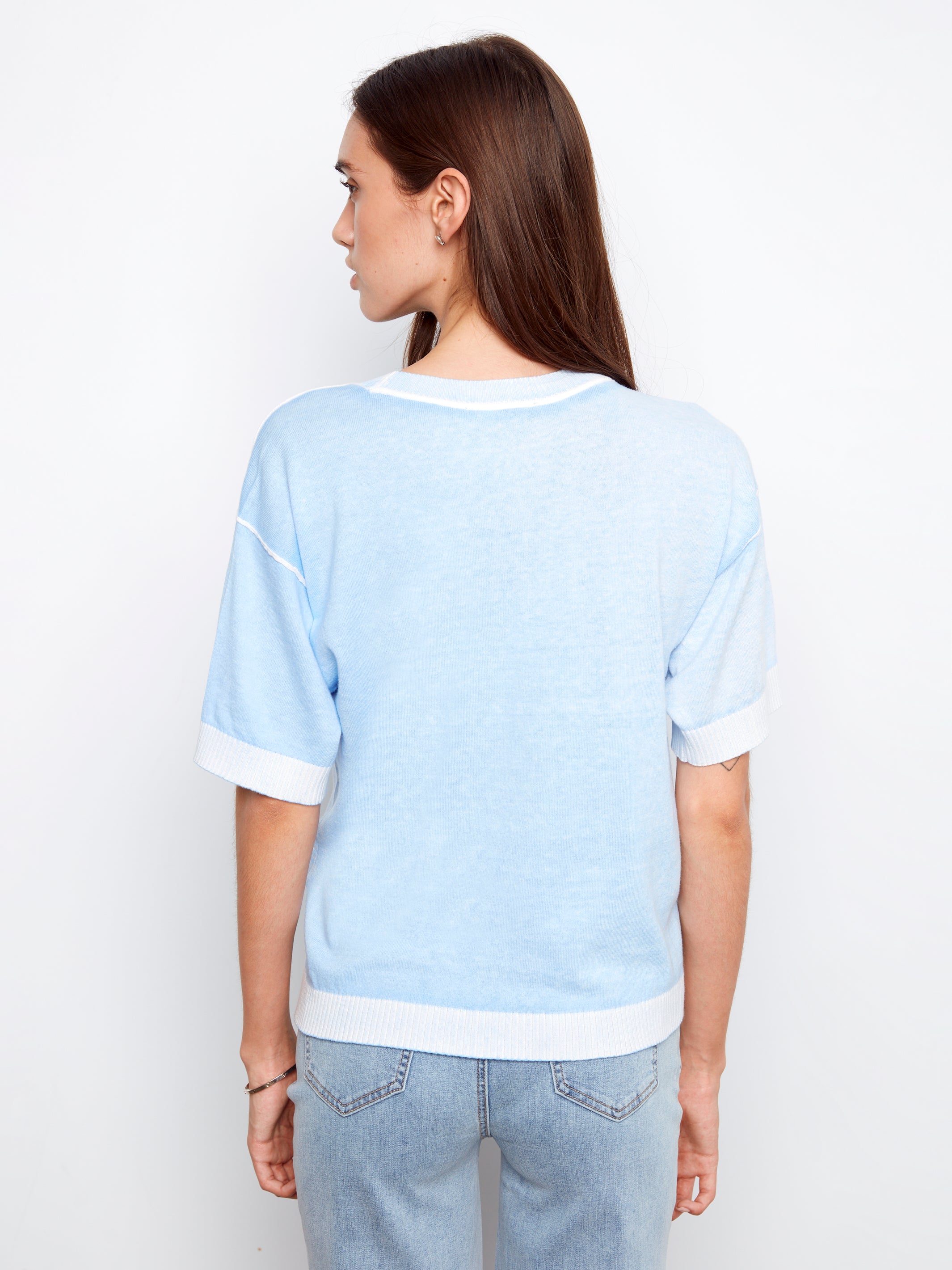 Reverse Print Short Sleeve Sweater Top Bluebell