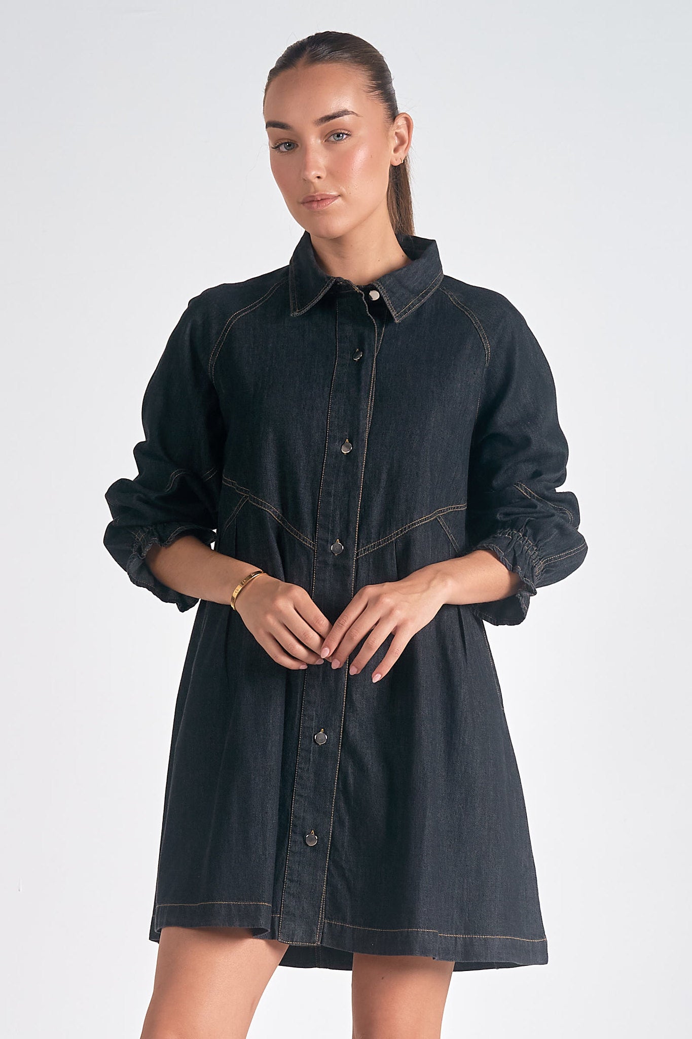 Cinched Ruffle Long Sleeve Button Down Dress Black