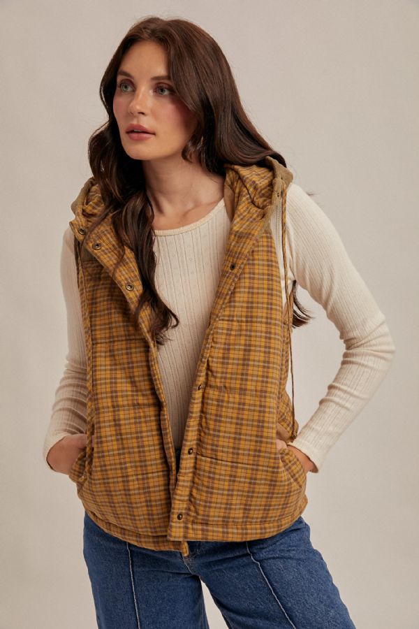 Corduroy Mixed Plaid Puffer Vest Mustard