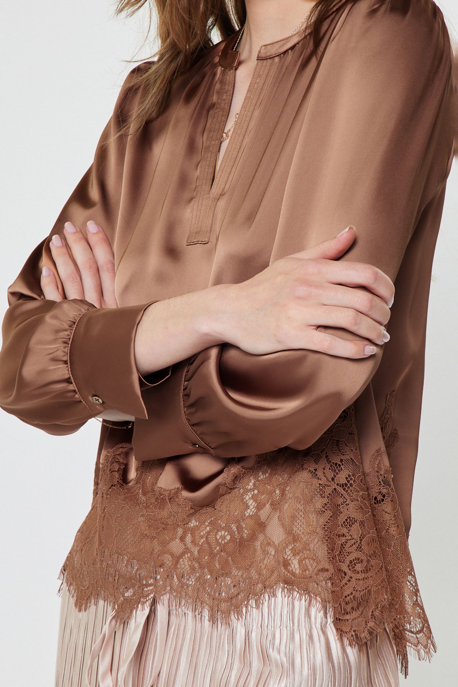 Lace Trim Satin Long Sleeve Blouse Mocha Mousse