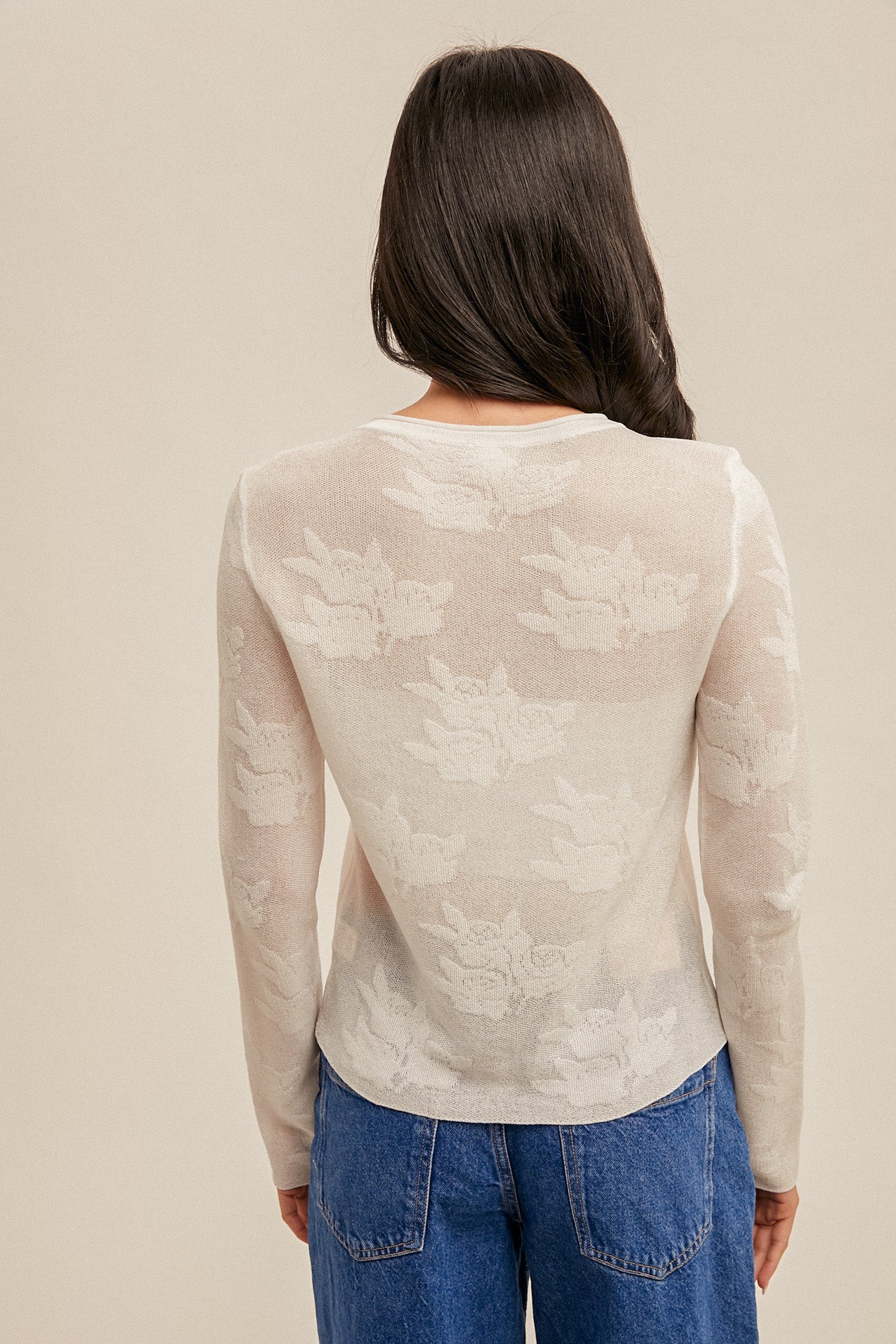 Floral Pattern Sheer Knit Top Off White