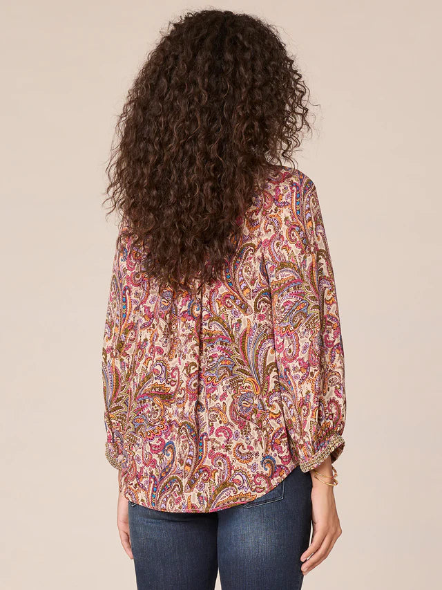 3/4 Blouson Sleeve Ruffle Edge Beaded Detail Top Sage + Berry Multi