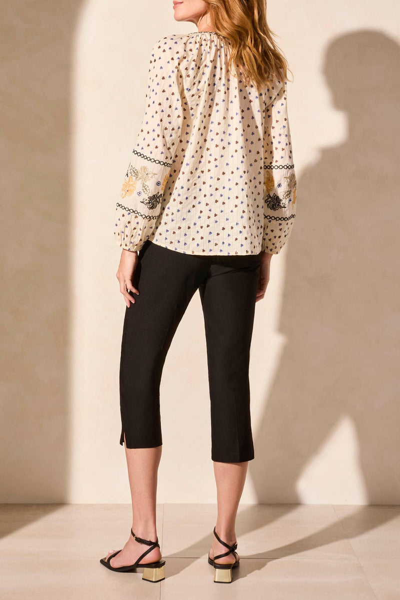 Embroidered Tassel Trim Long Sleeve Blouse Coco Milk