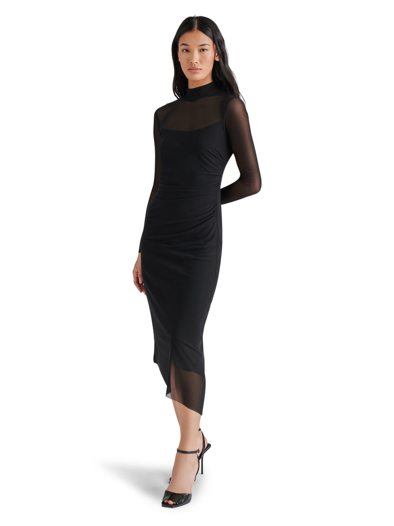 Blare Solid Midi Long Sleeve Dress Black