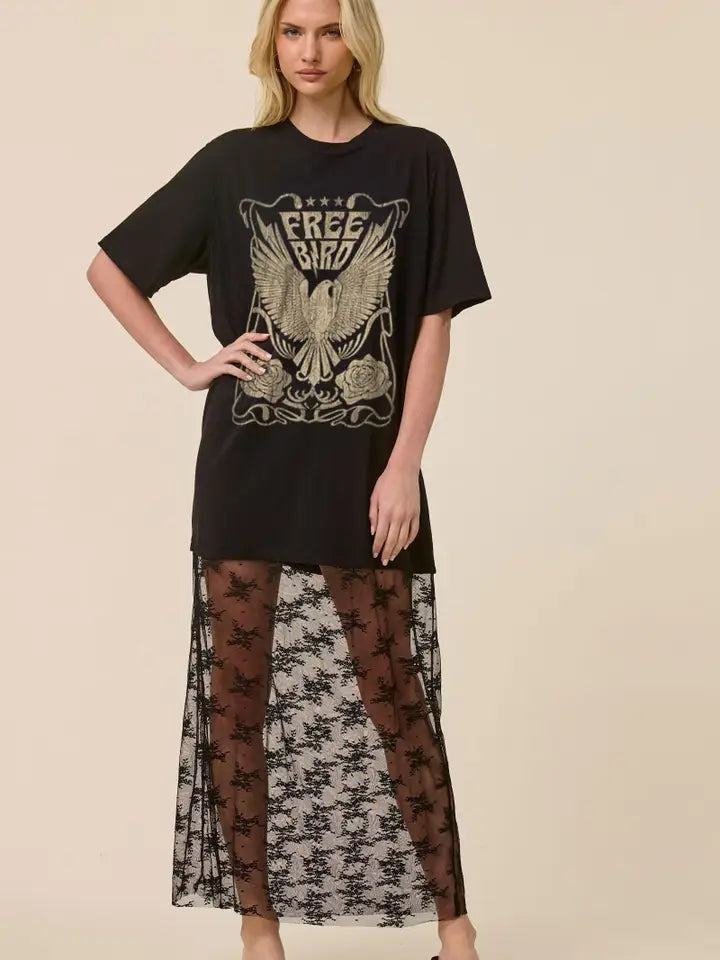 Free Bird Floral Lace Tshirt Dress Black