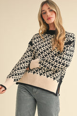 Mock Neck Plus Print Side Slit Pullover Sweater Black Cream