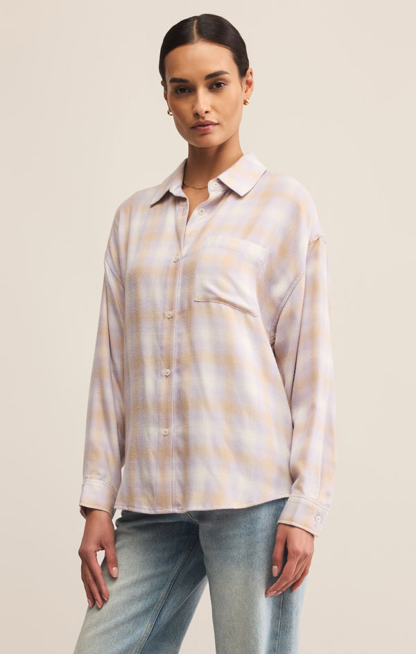 River Plaid Button Up Lavender Ice