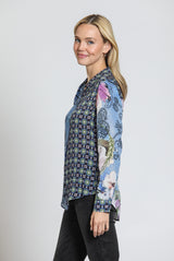 Mixed Print Button Up Rolled Sleeve Shirt Blue Multi