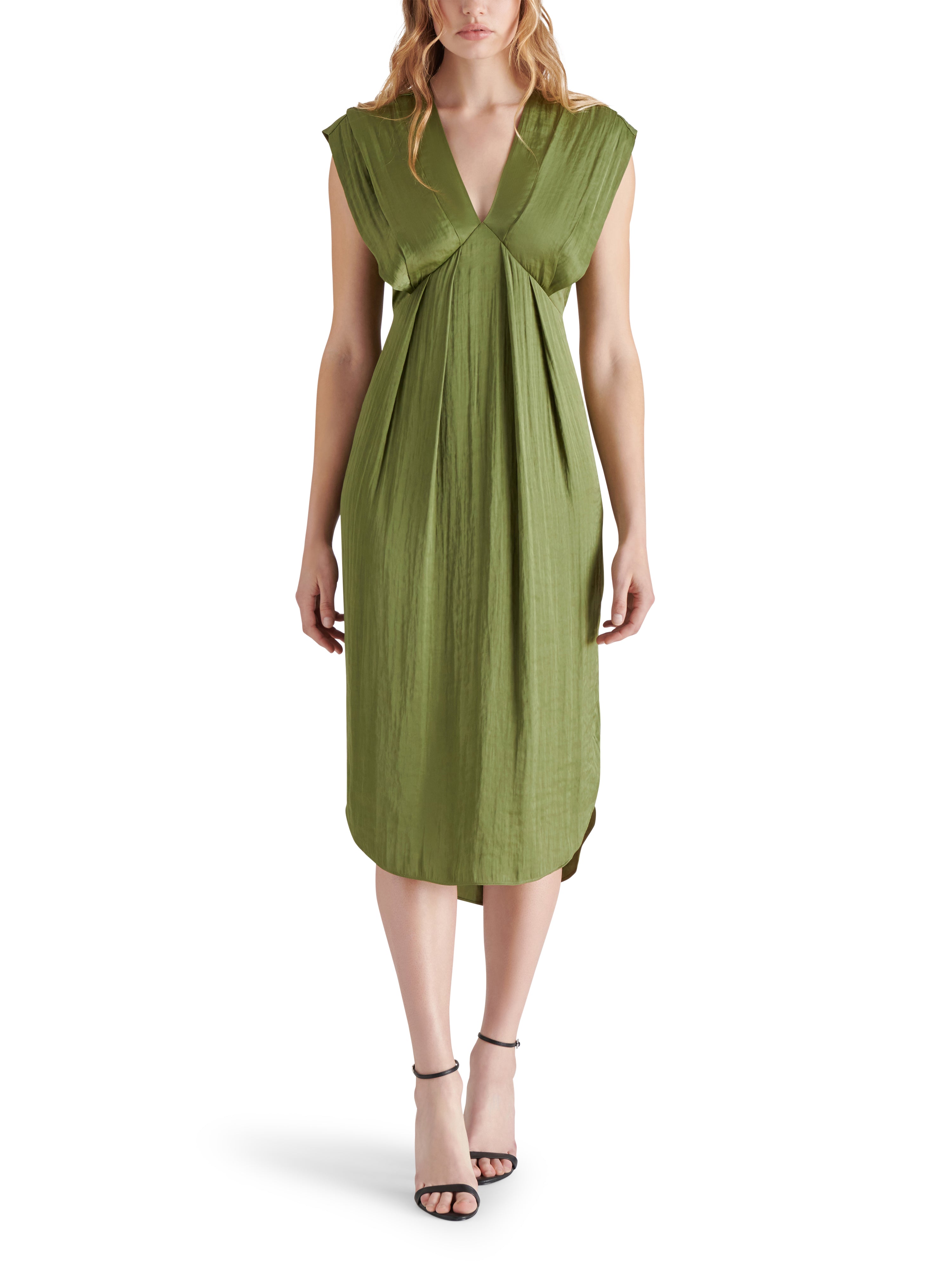 Clarissa Sleeveless Pleat Detail Satin Midi Dress Burnt Olive