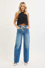 Tied Waistband High Rise Wide Baggy Jeans Dark
