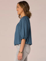Elbow Blouson Sleeve Smocked Bubble Hem Top Wistful Teal