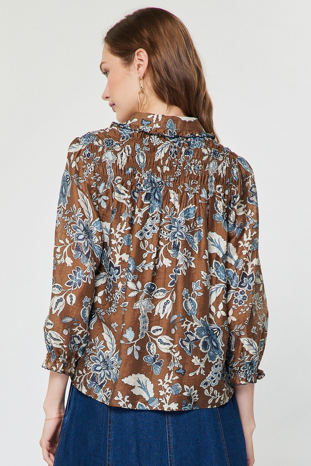 Vintage Fleur Ruffle Collared Top Blue Multi