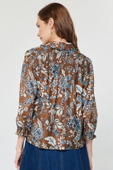 Vintage Fleur Ruffle Collared Top Blue Multi