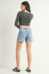 Mid Rise Fray Cuffed Shorts Light Denim