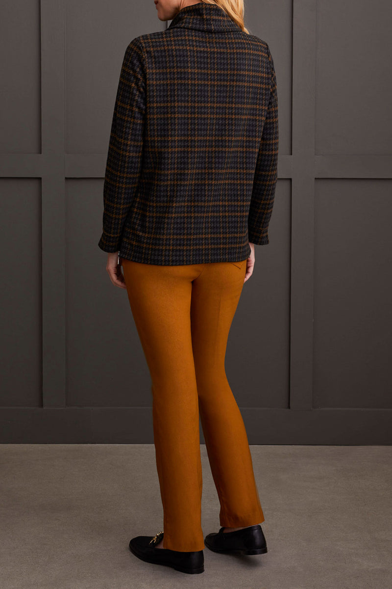 Zip Side Printed Cowl Neck Top Walnut Plaid