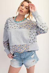 Mineral Wash Mix Floral Patchwork Pullover Heather Grey