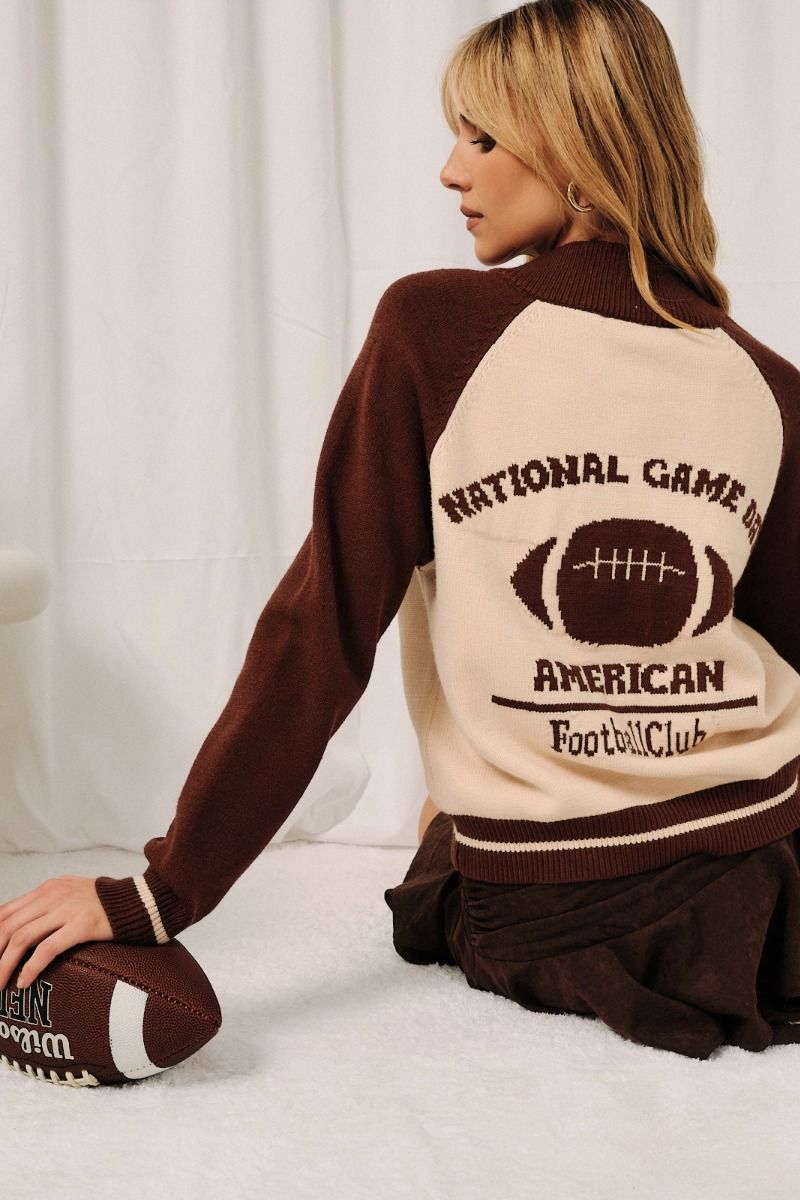 National Game Day Buttoned Sweater Cardi Cream + Brown