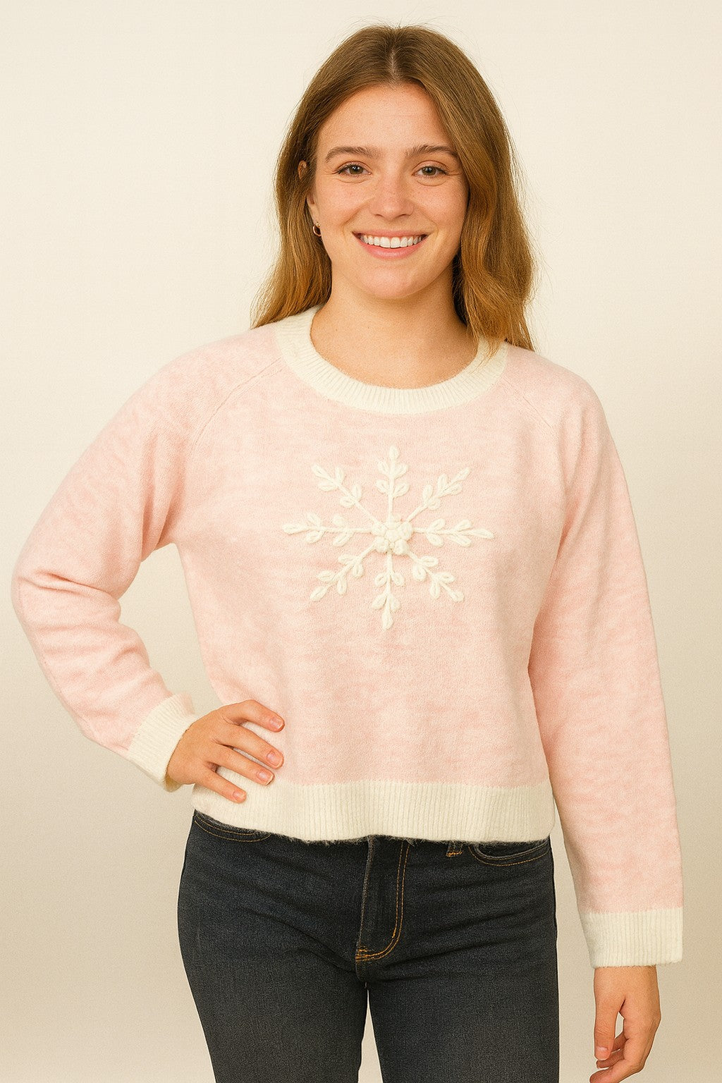 Snowflake Yarn Crew Sweater Pink