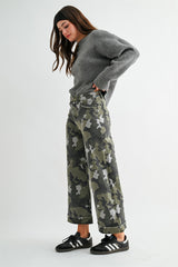 High Rise Wide Leg Crop Camo Cuffed Hem Pants Amulet Green